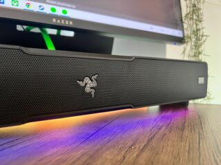 The Razer Leviathan V2 and its pink and yellow RGB lighting